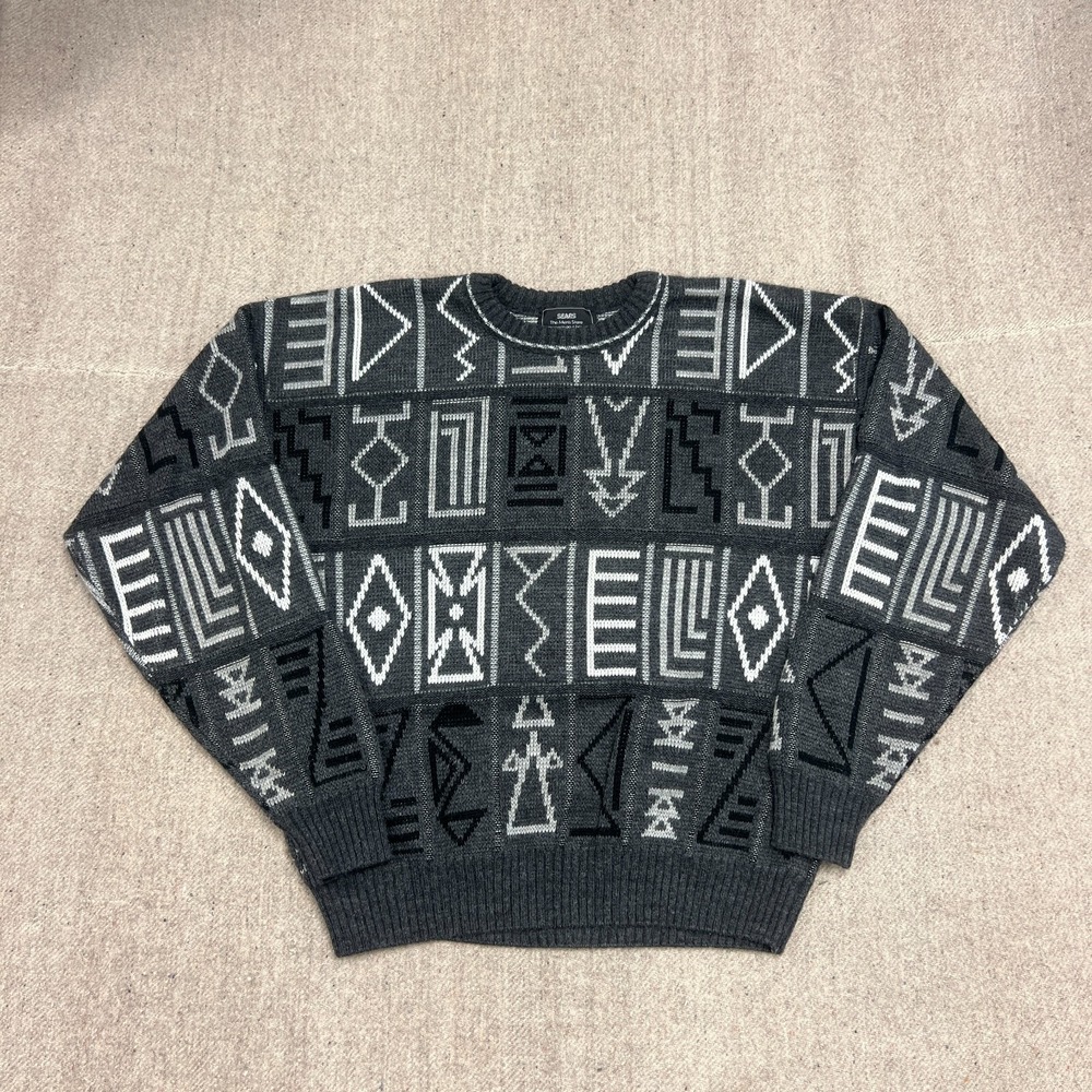 Vintage Sears‎ Sweater Mens Medium Black 1980s Geometric Art